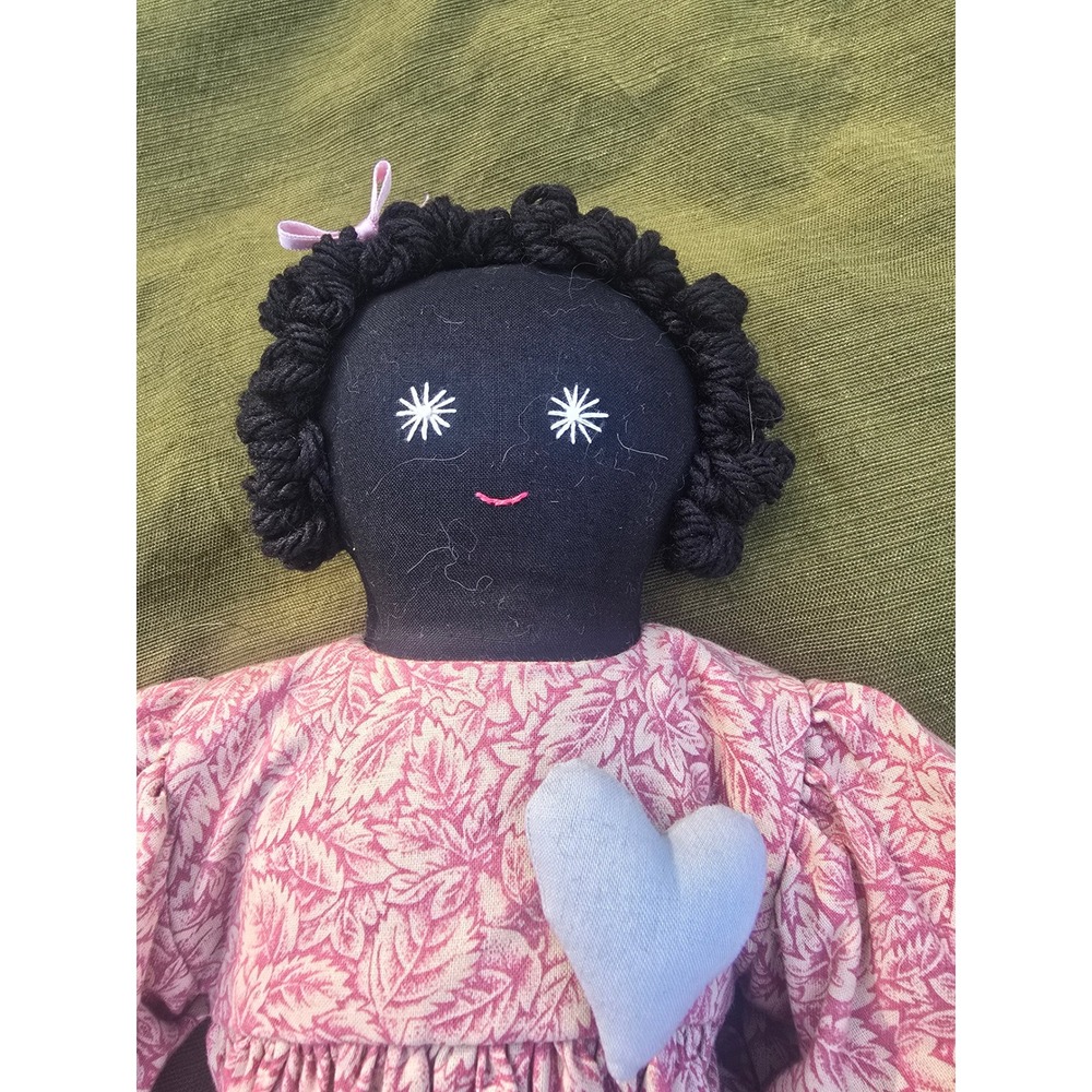 Handmade Primitive Cloth Doll Pink Floral Dress Gingham Apron Folk Art 15.5 inch